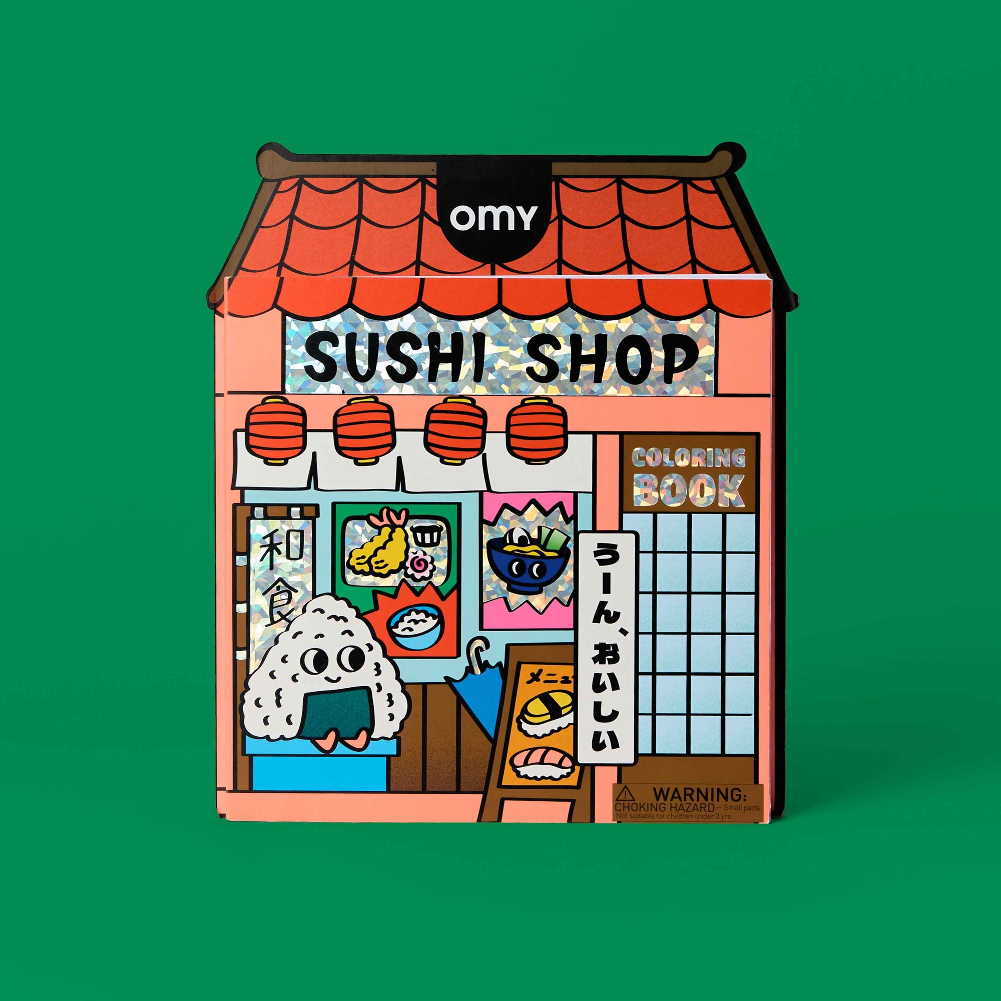 Colorful illustration of a sushi shop on a green background