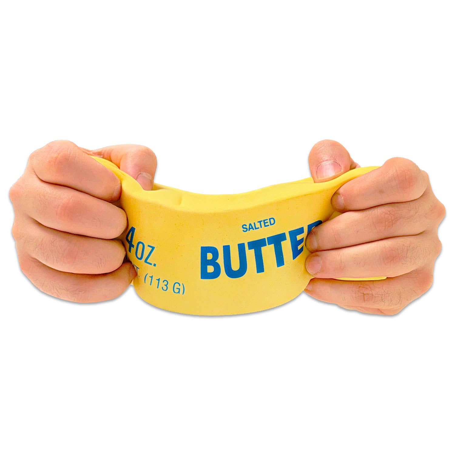 Yellow measuring cup labeled 'Butter' held by a hand on a white background