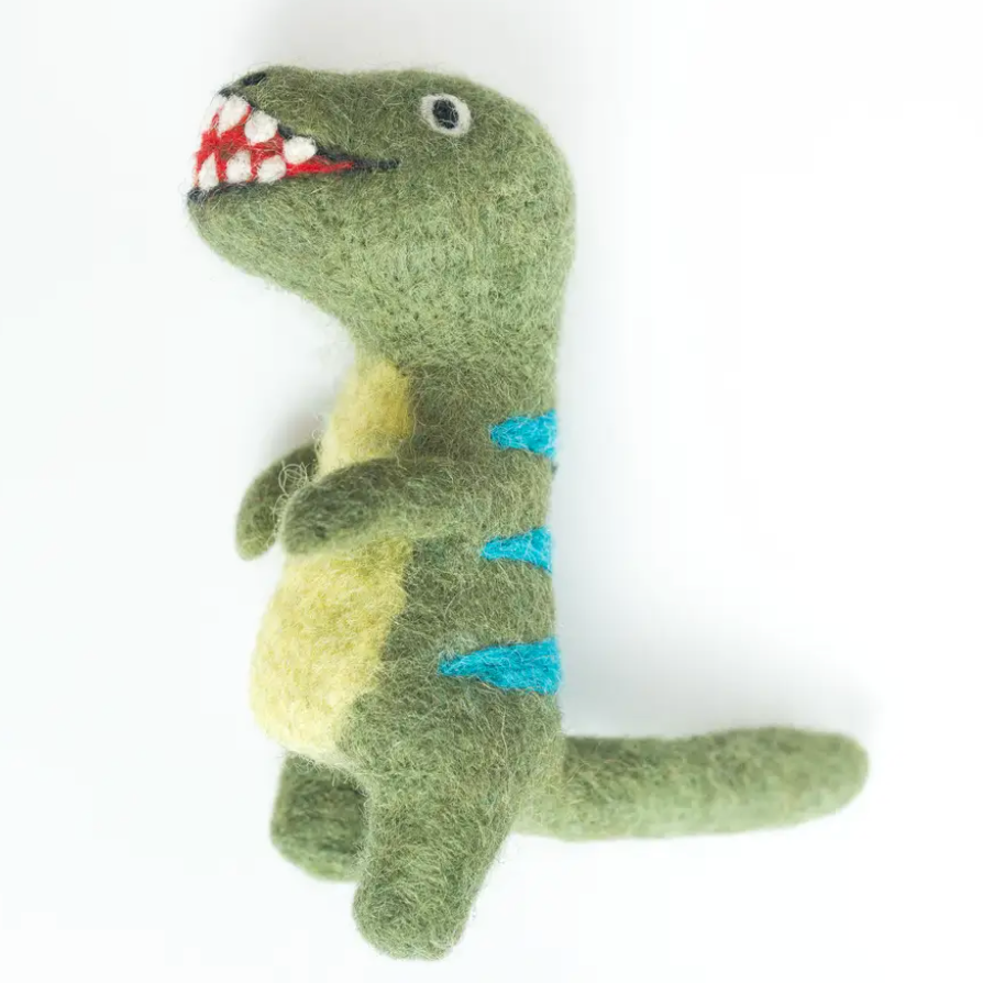 Green dinosaur plush toy on a white background