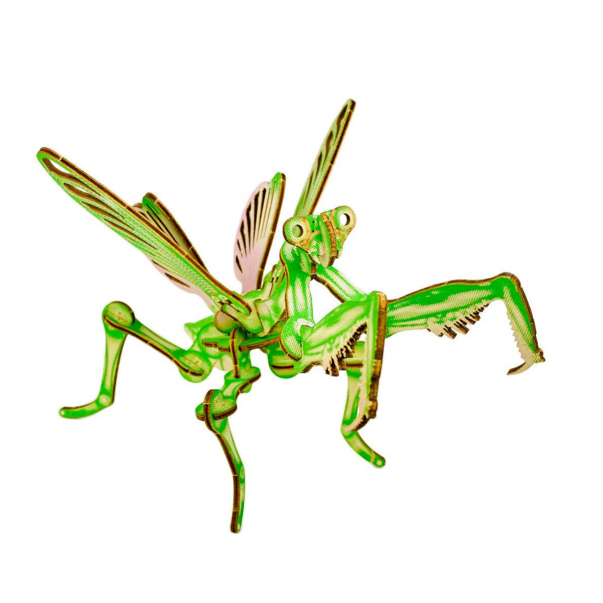 Green praying mantis figurine on a white background
