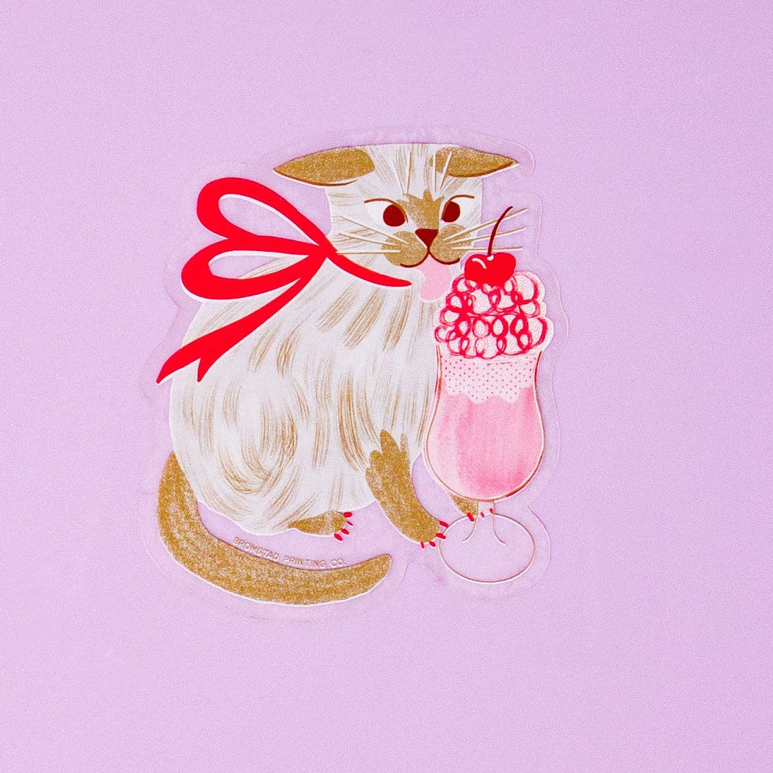 Illustration of a cat with a red bow and a sundae on a pink background