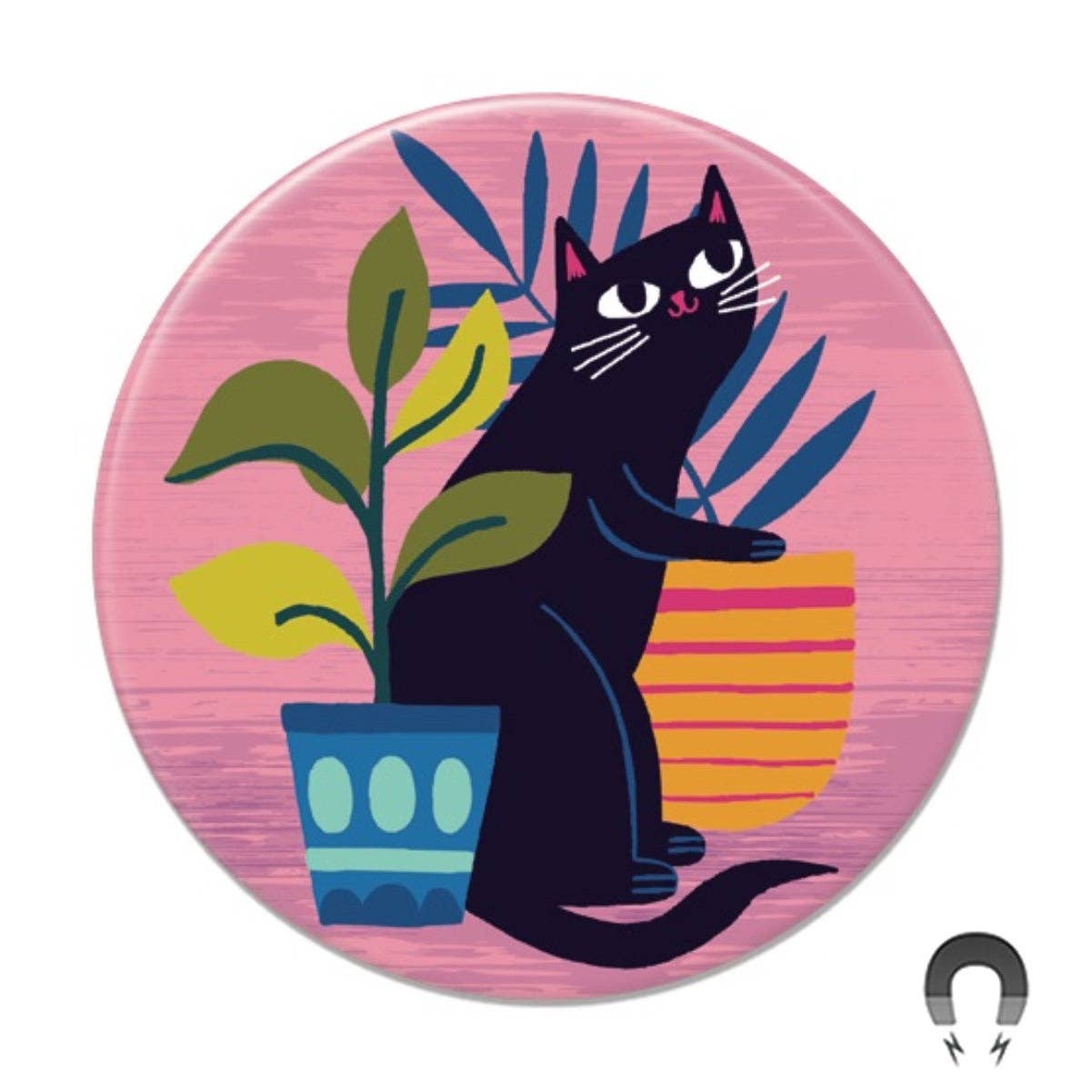 Circular design with a black cat, plants, and a pink background