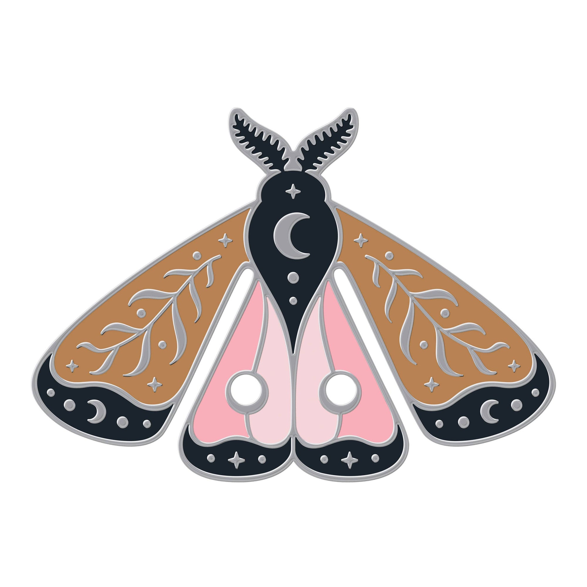 Moth-shaped decorative item with pink, brown, and black colors on a white background