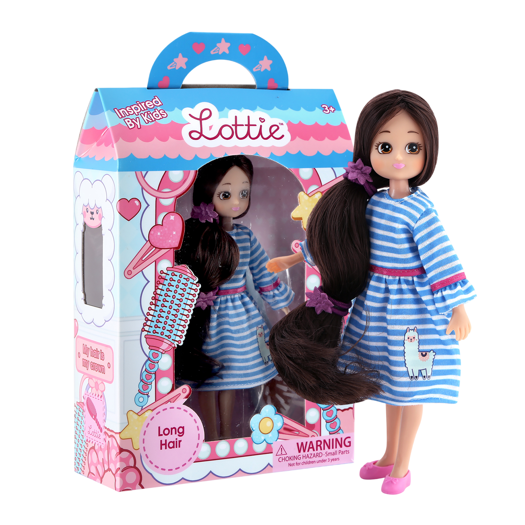 A boxed doll set labeled 'Lottie' with a doll standing beside its retail box. The doll has long dark brown hair, a blue-and-white striped dress, and pink shoes.
