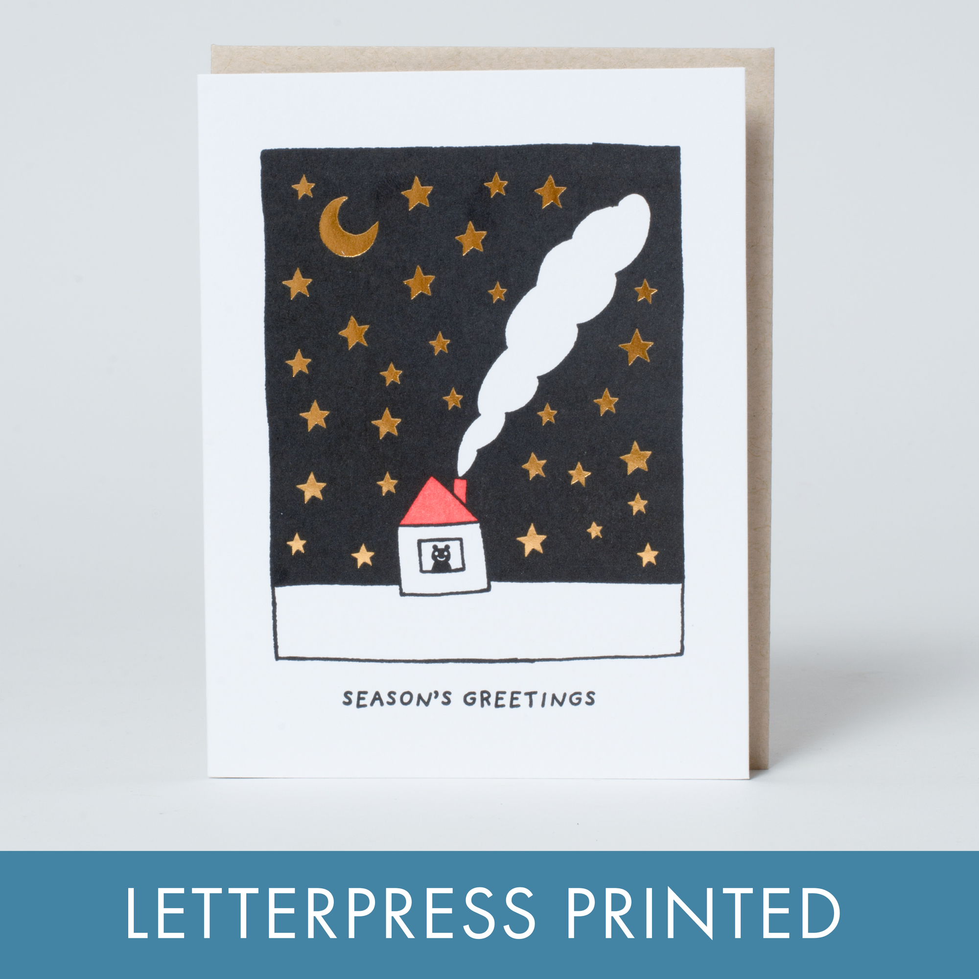 Greeting card with house, moon, and stars illustration on a white background