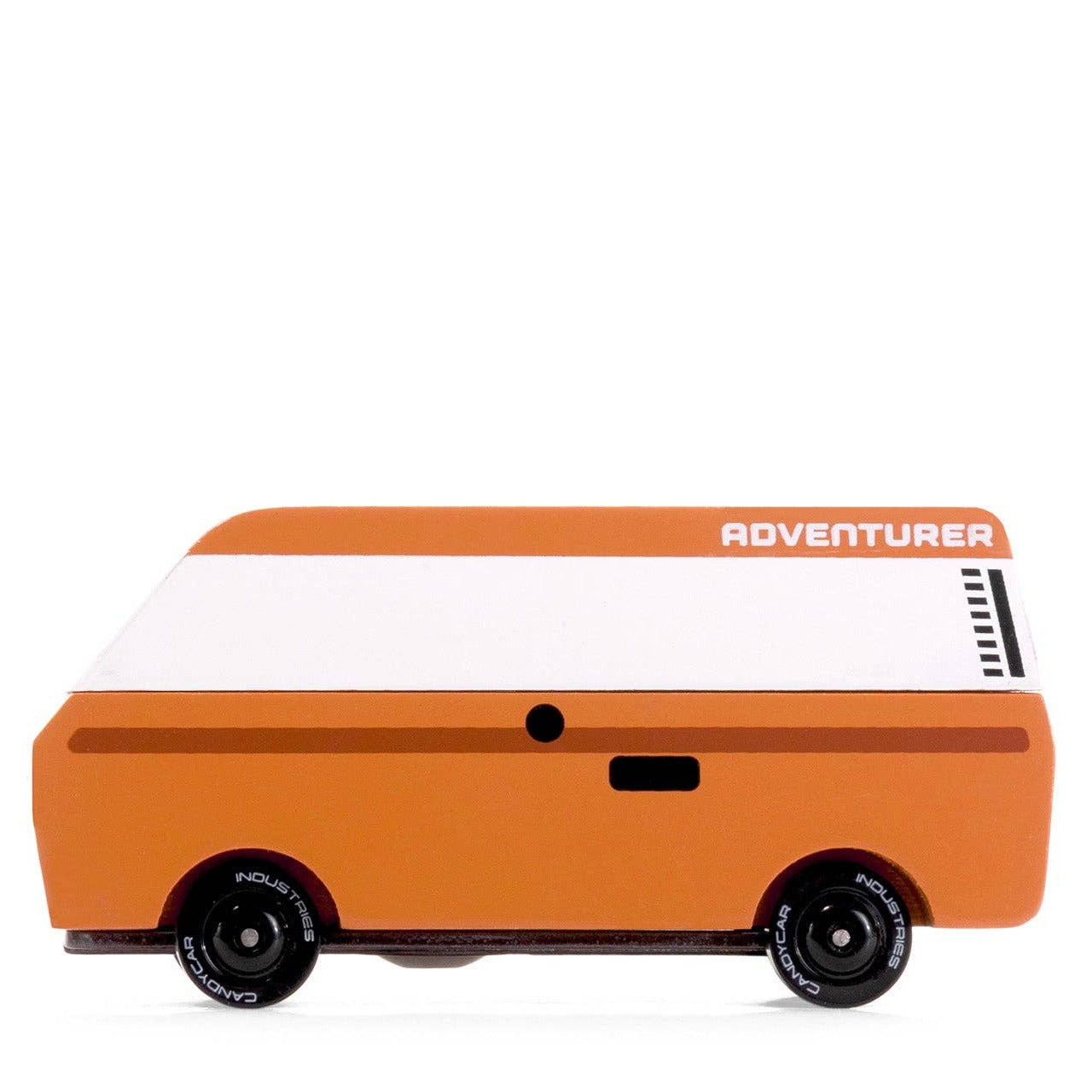 Model of an orange and white van with 'Adventurer' branding on a white background
