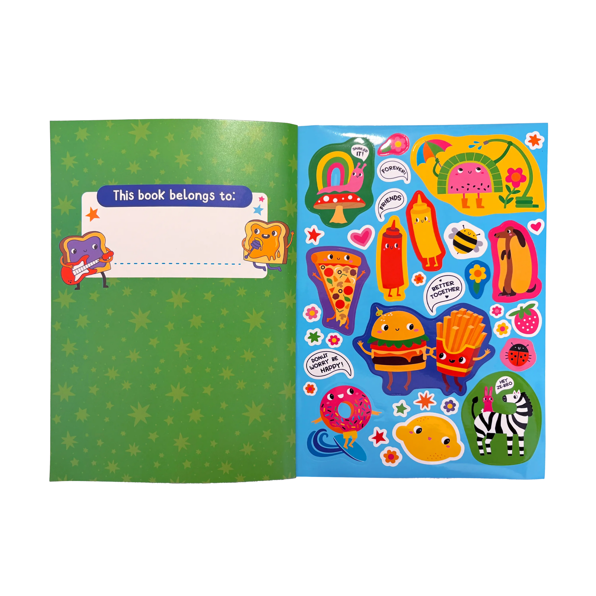 Children's book with a green cover and colorful sticker sheet on a white background