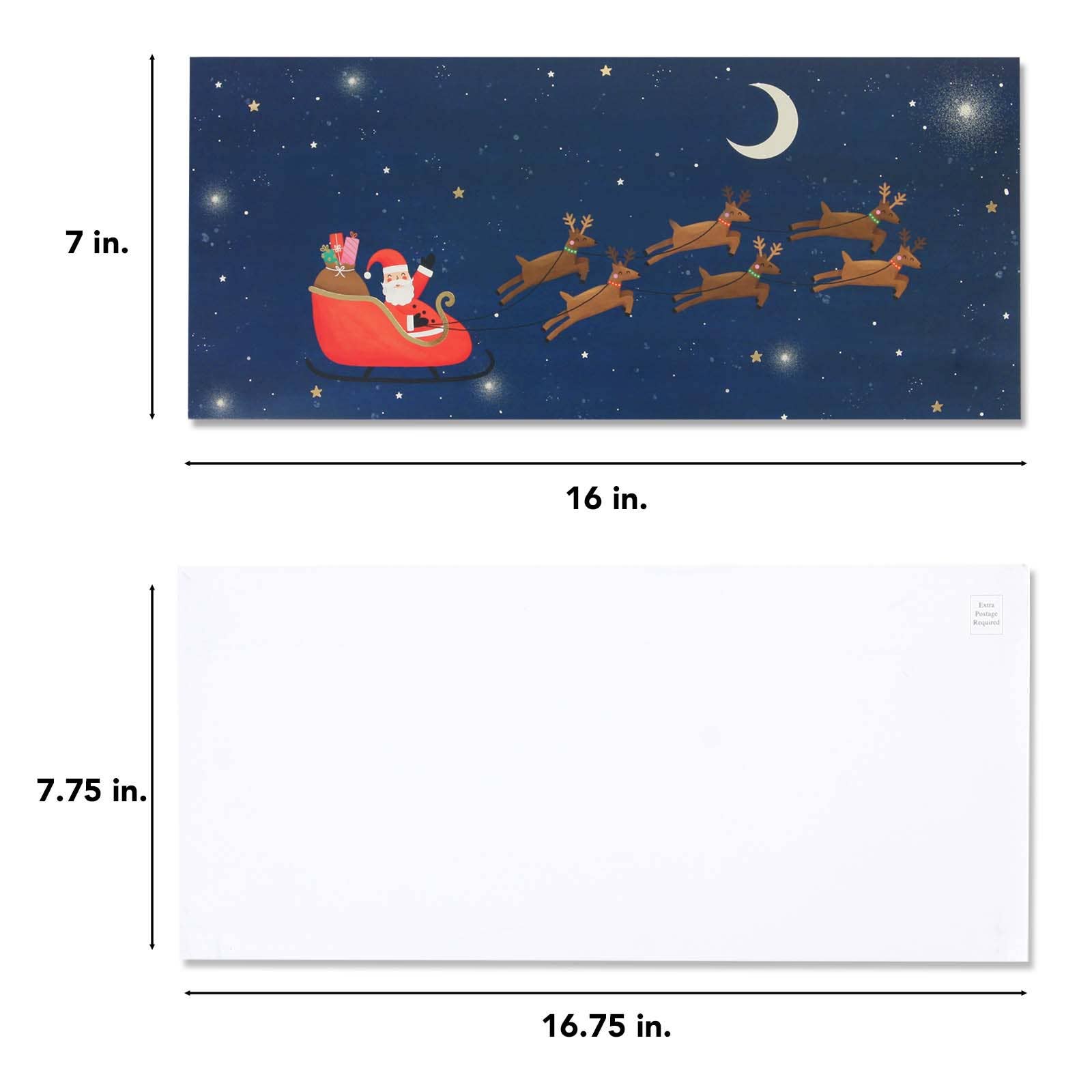 Illustration of Santa Claus in a sleigh with reindeer against a night sky, with dimensions provided.