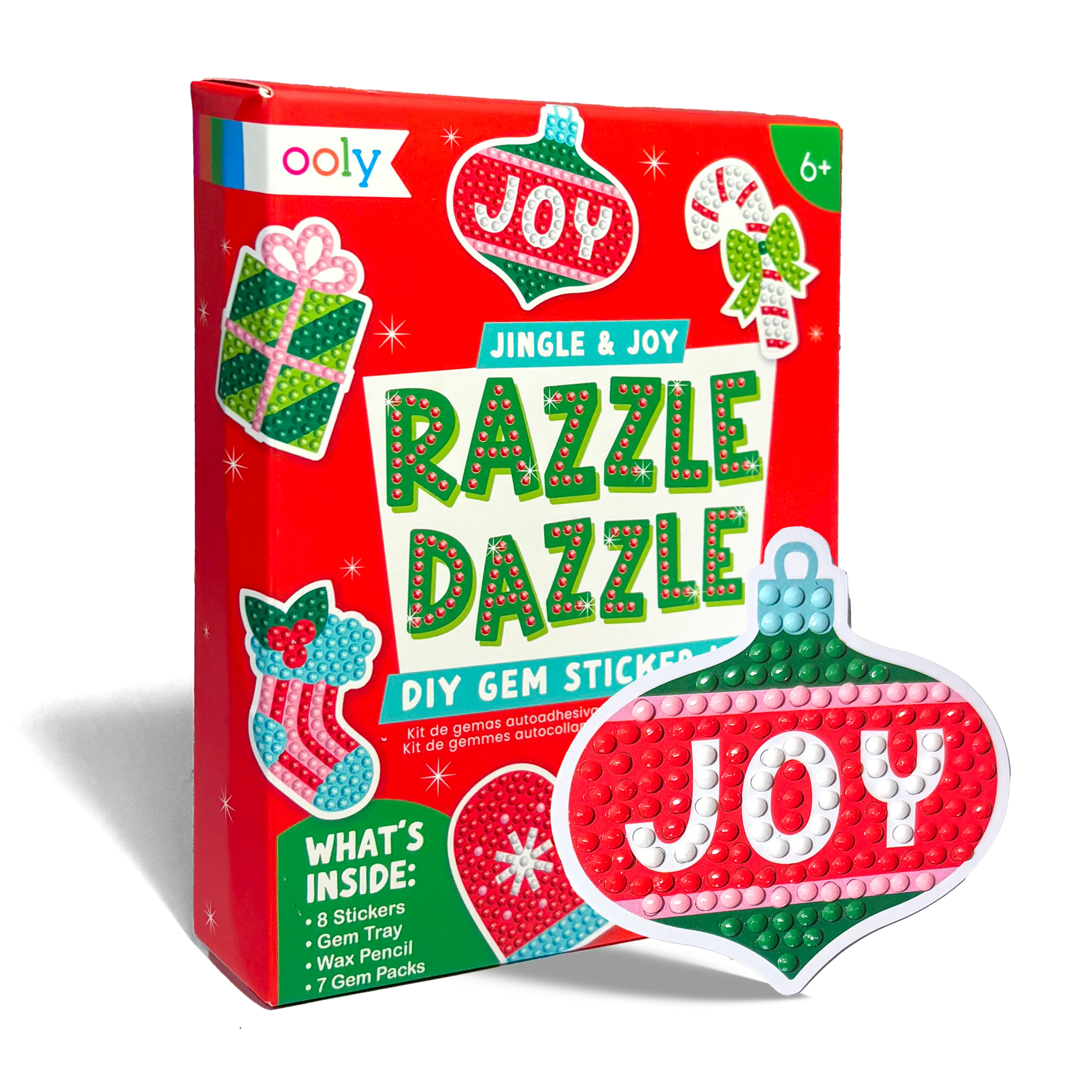 Red packaging of Razzle Dazzle DIY gem stickers with 'Joy' design, featuring Ooly branding.