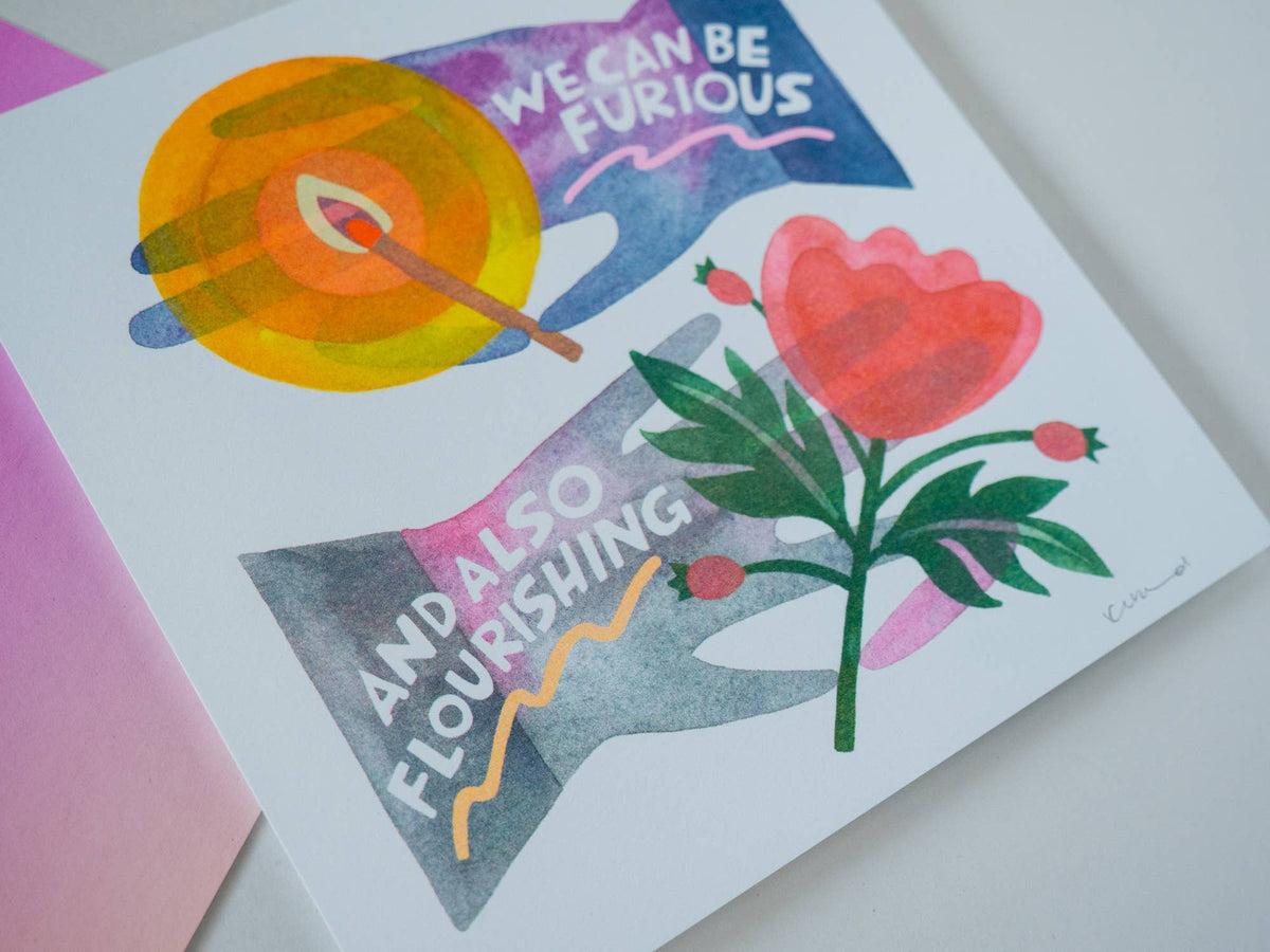 Colorful poster with floral design and text on a white background