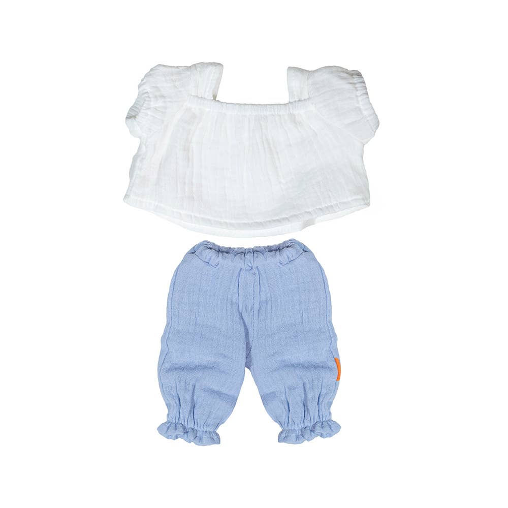 Doll's White top and blue pants set on a white background