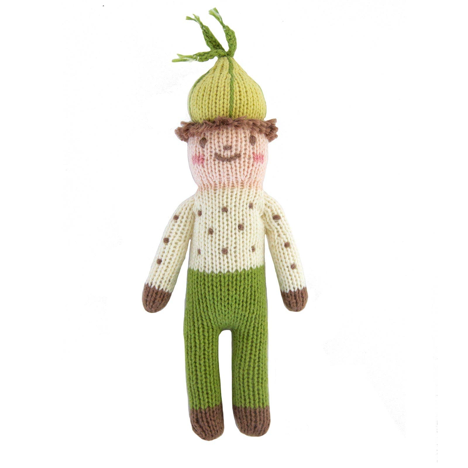 Knitted toy resembling a character with a green hat and green and white body on a white background