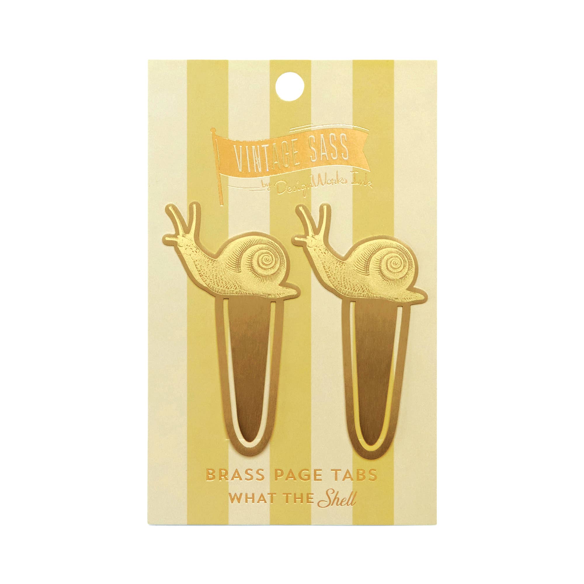 Gold snail-shaped brass page tabs on a yellow striped card with 'Vintage Sass' branding.