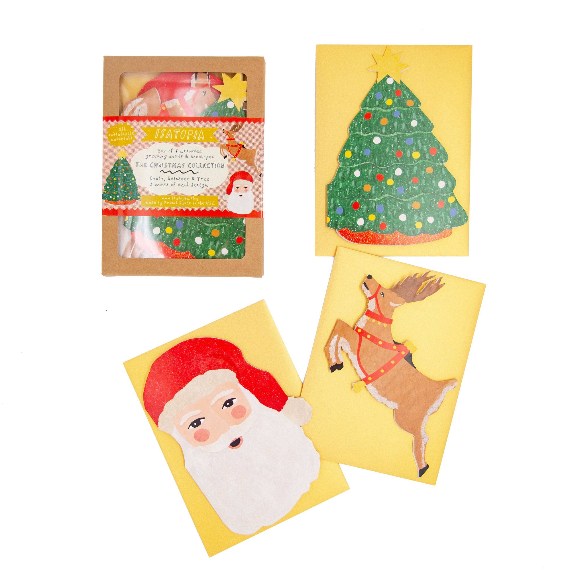 Set of Christmas-themed greeting cards with Santa Claus, a tree, and a reindeer on yellow backgrounds.