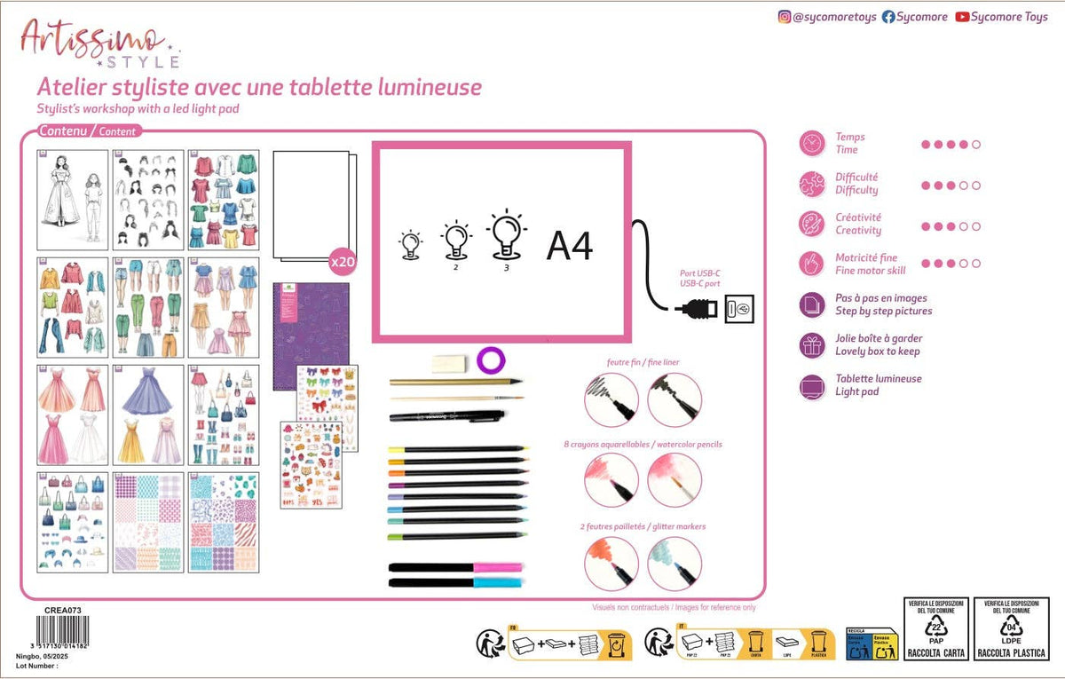 Product packaging and contents overview for the Artissimo Style Atelier Style kit with a light-up tablet pad, featuring a pink and white layout with illustrations of included accessories, a sample notebook, and instruction icons.