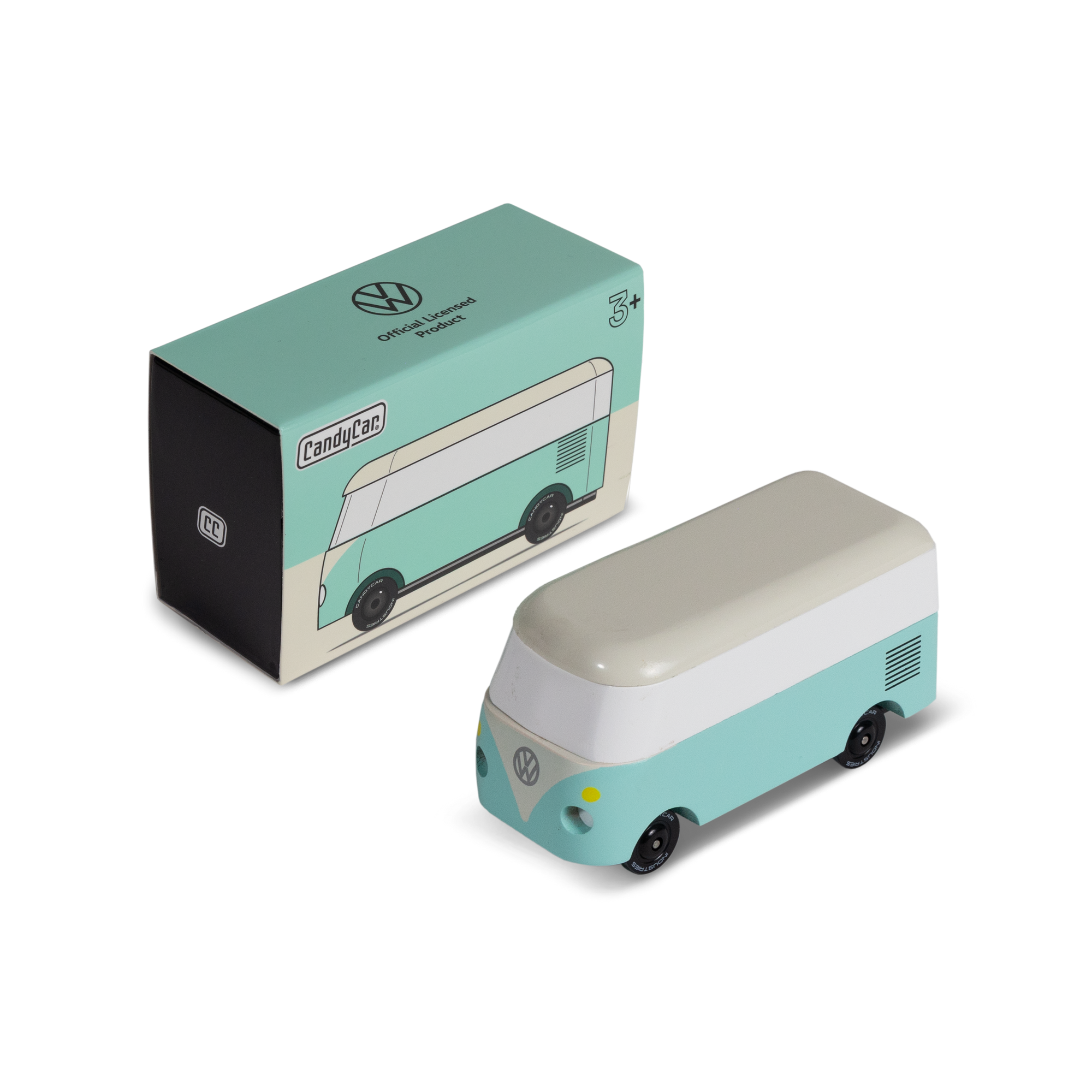 Teal and white model van with packaging on a white background