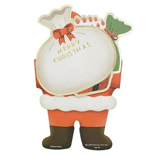 Christmas card with a Santa Claus design holding a bag with 'Merry Christmas' text.