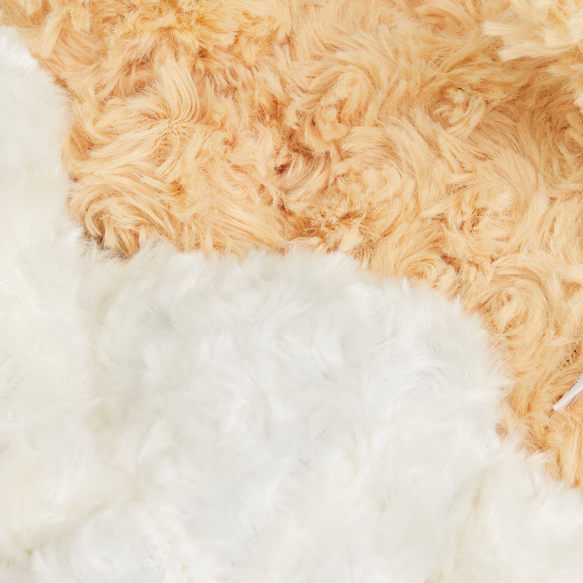 Close-up of a fluffy beige and white rug