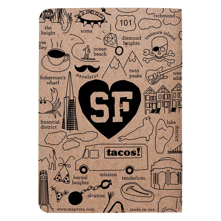 Kraft paper map of San Francisco with various icons and 'SF' in a heart shape.
