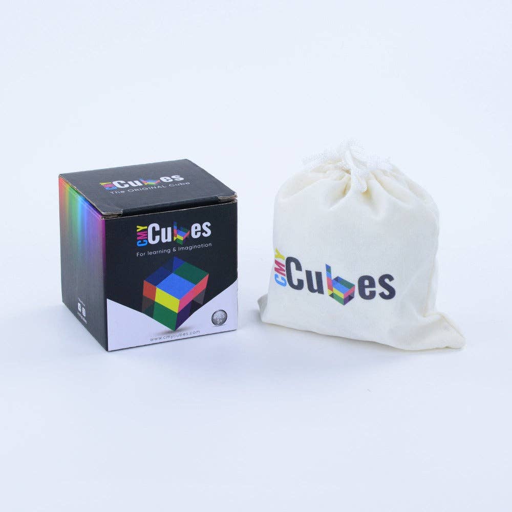 Cubes educational product packaging with a drawstring bag on a white background