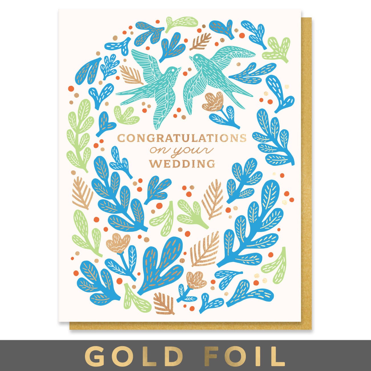 Wedding congratulations card with colorful birds and foliage design on a white background.