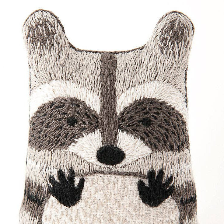 Embroidered design of a raccoon face on a white background