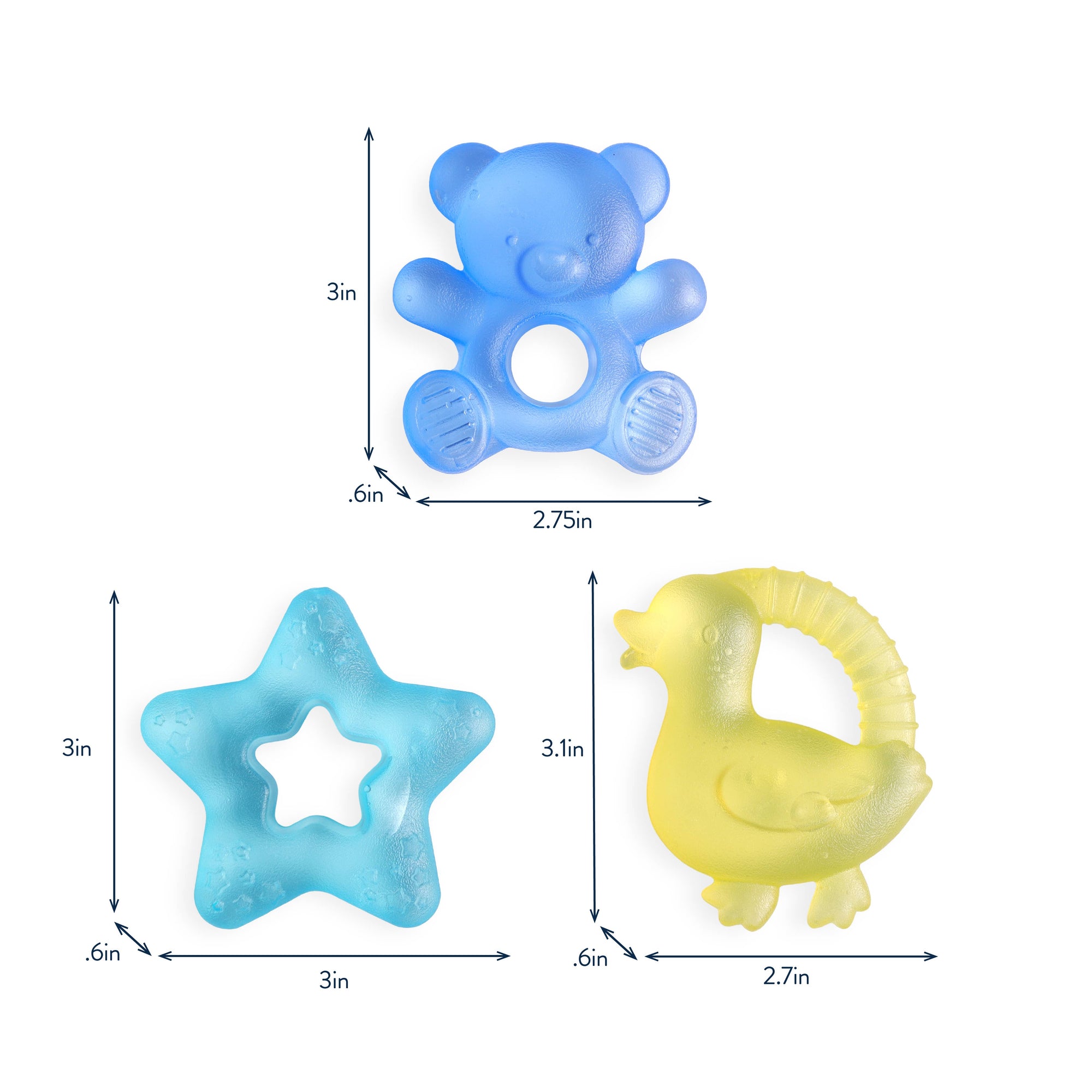 Three baby teething toys with measurements on a white background