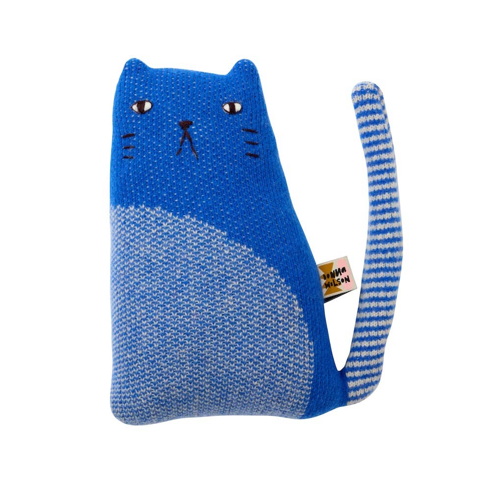 Blue cat-shaped plush toy with a striped tail on a white background