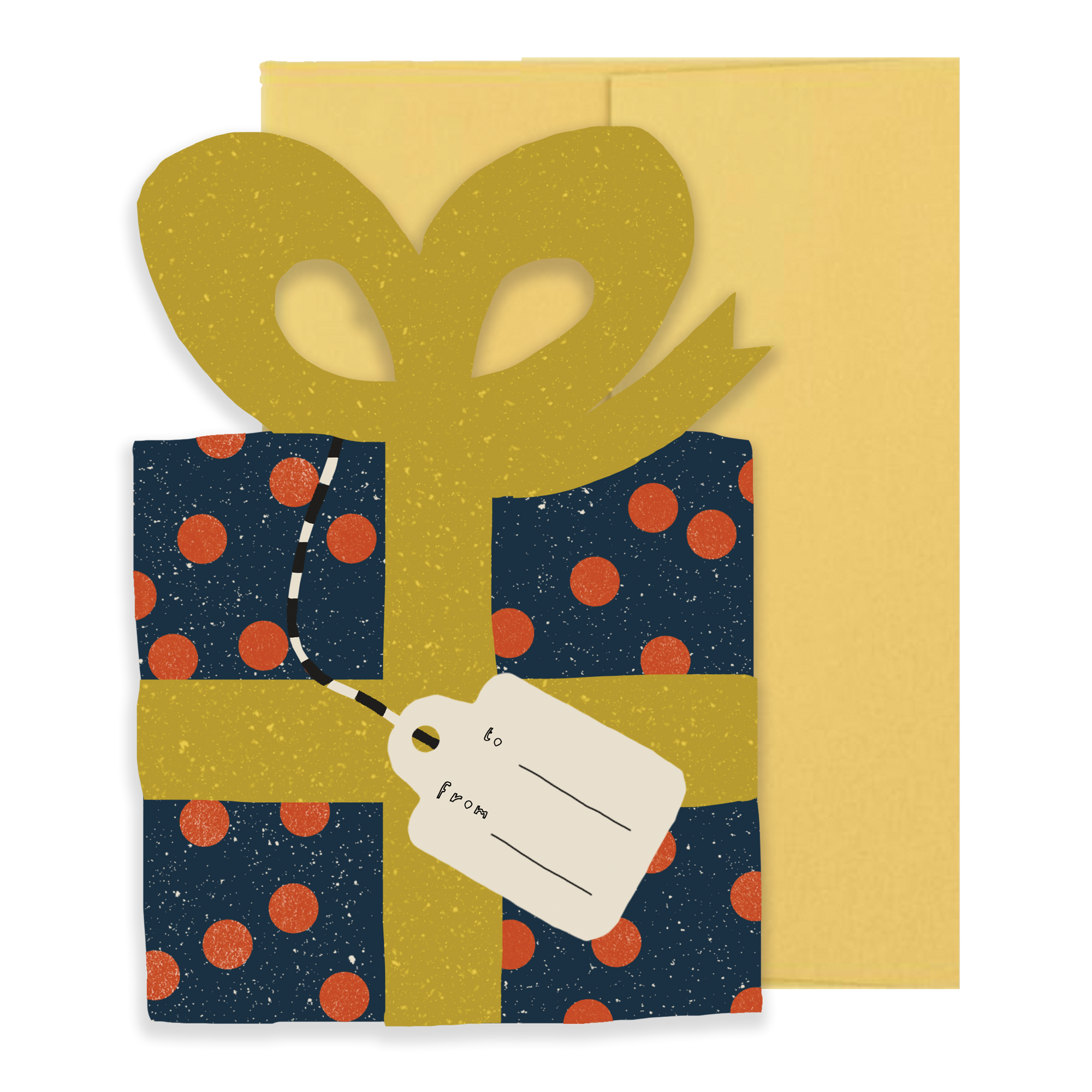 Gift card with blue polka dot present, gold bow, and white tag on a yellow envelope.