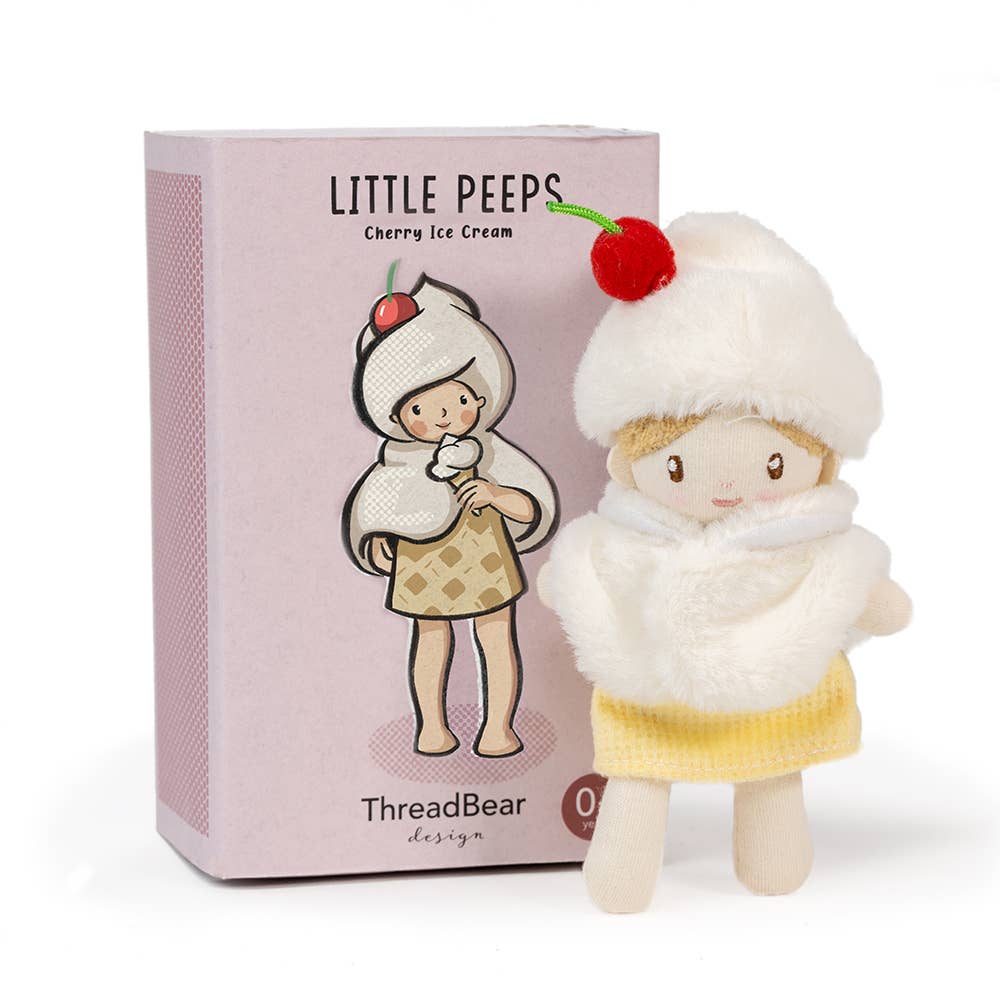 Stuffed toy resembling a cherry ice cream cone with a matching box on a white background
