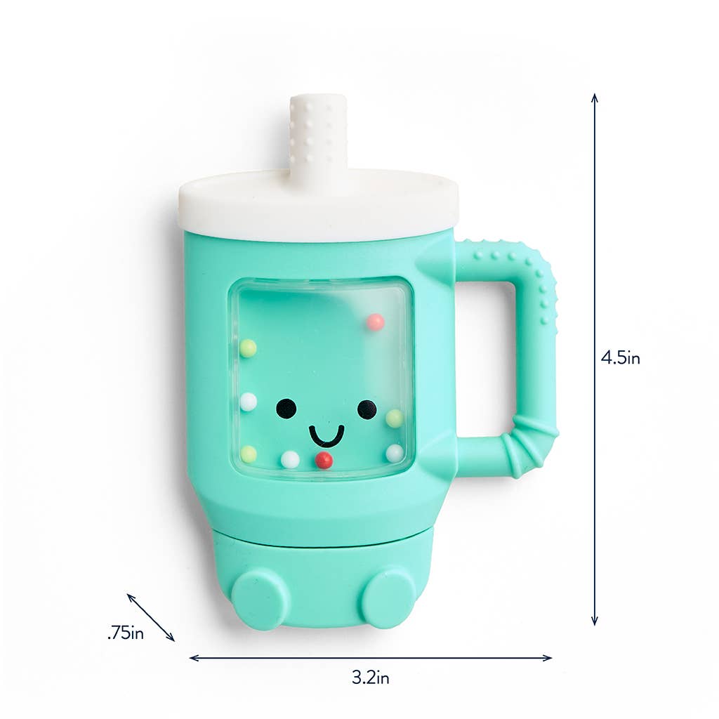 Teal children's cup with smiley face design and measurements on a white background