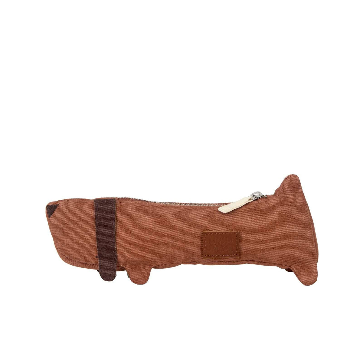 Brown dog-shaped pouch with a zipper on a white background