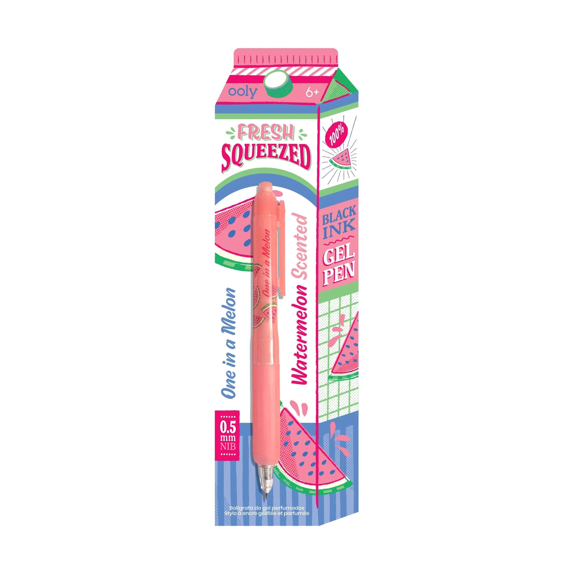 Gel pen with watermelon-themed packaging on a white background