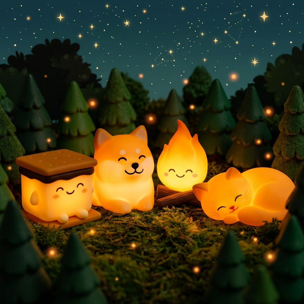 Four cute, glowing night lights shaped like a gummy bear, a dog, a flame, and a sleeping cat, arranged together on a log in front of a forest background at night.