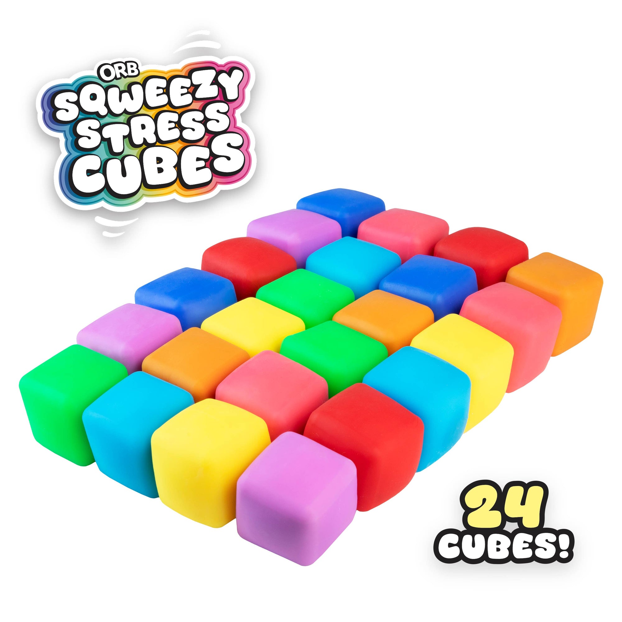 Colorful stress cubes with 'Orb Squeezy Stress Cubes' branding on a white background.
