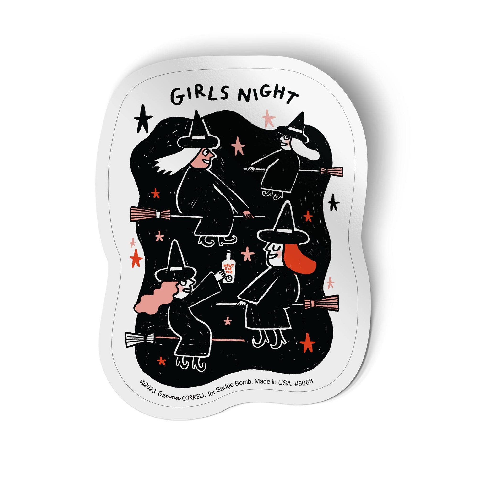 Sticker with four witches and 'Girls Night' text on a black background