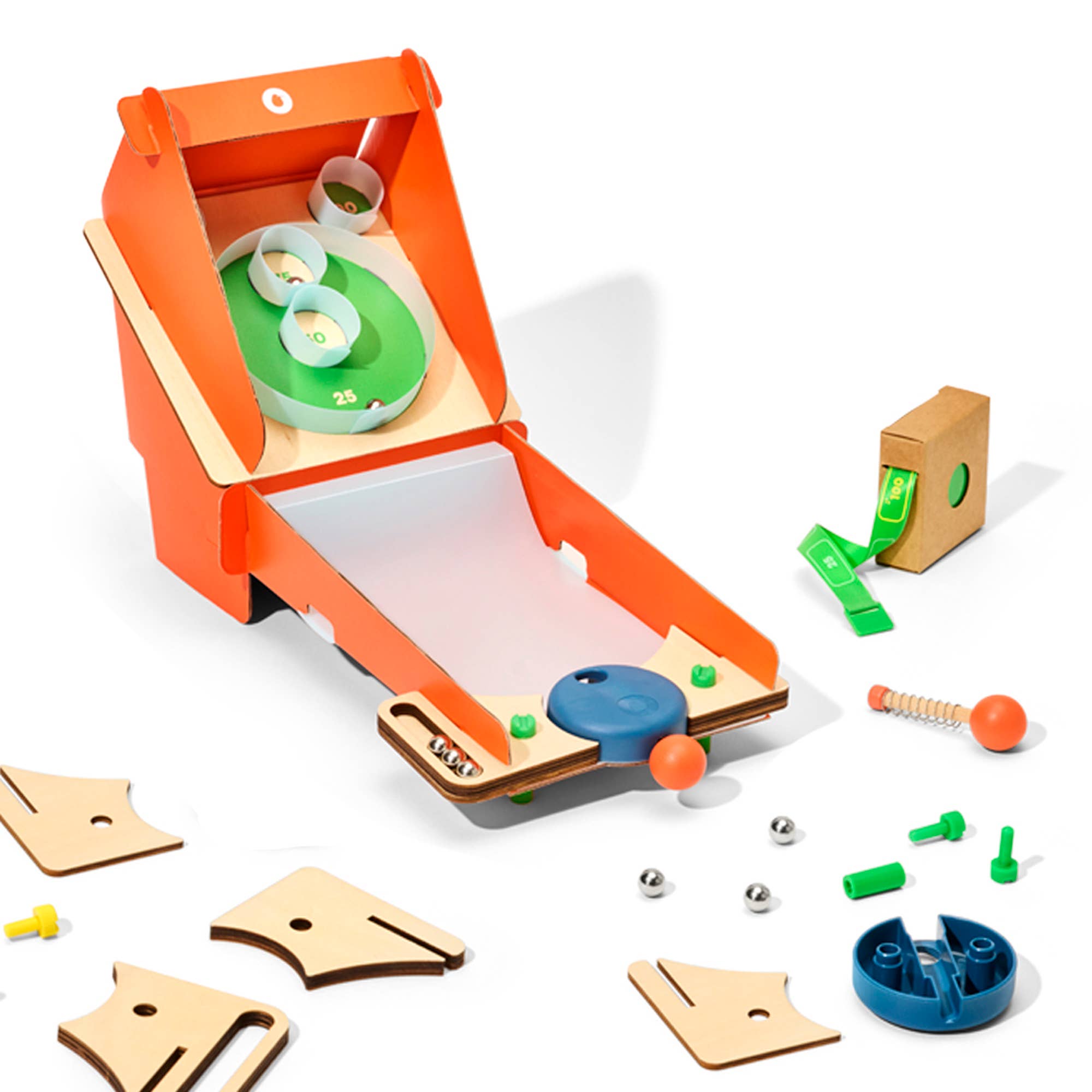 Children's educational toy with various components on a white background