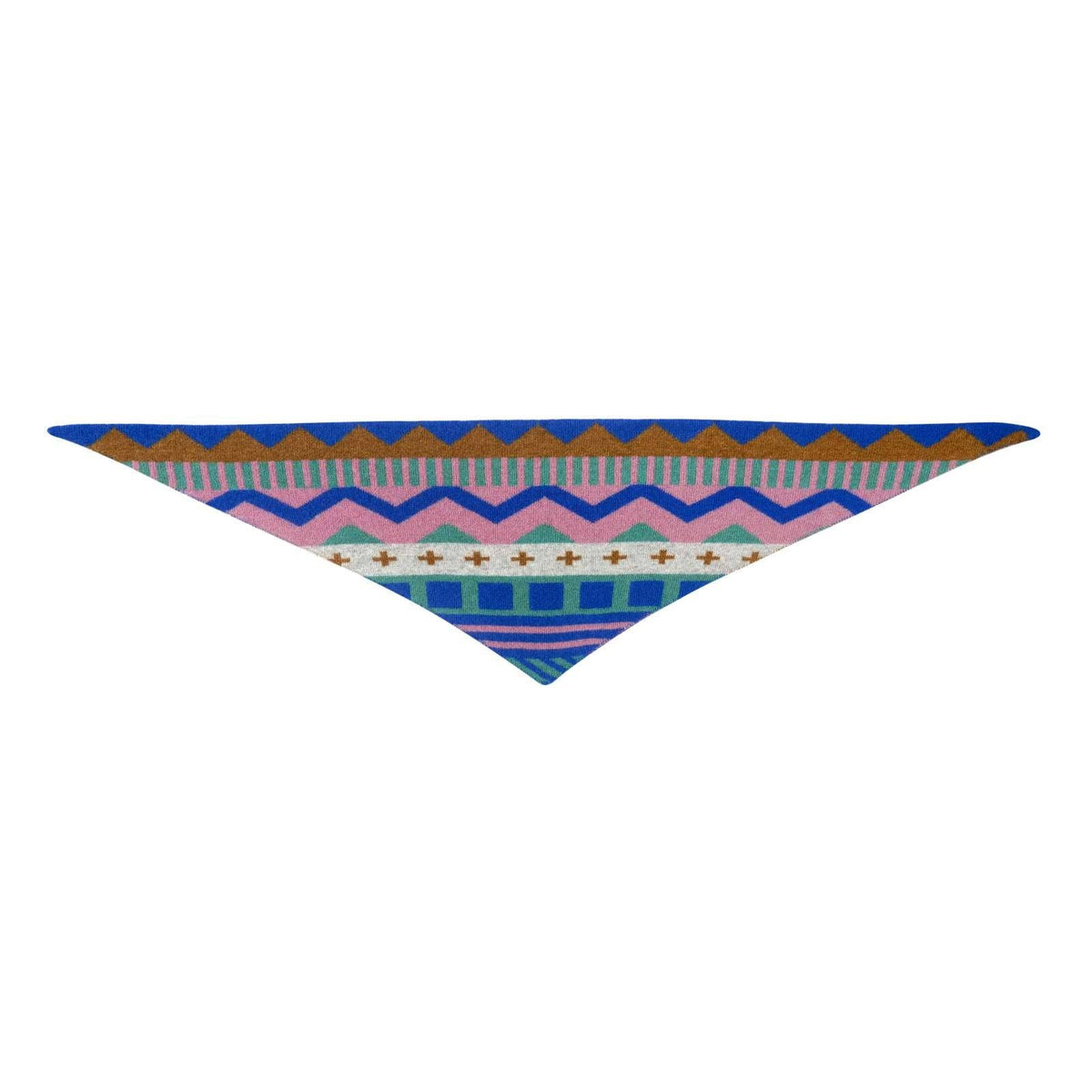 A triangular bandana featuring a colorful geometric pattern with blue, pink, purple, orange, and white zigzags and stripes, displayed flat against a solid white background.