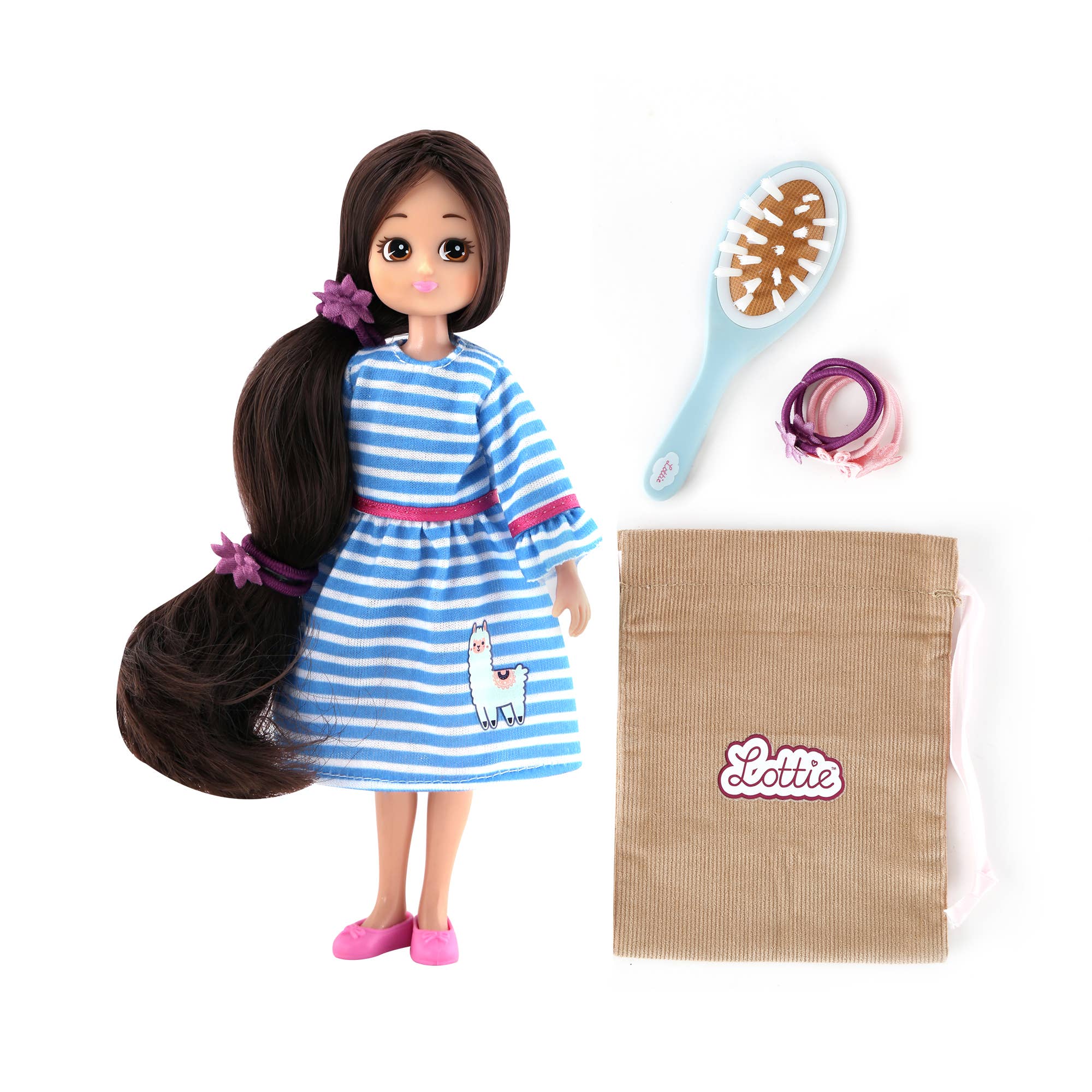 Doll with long hair, blue and white striped dress, and accessories on a white background