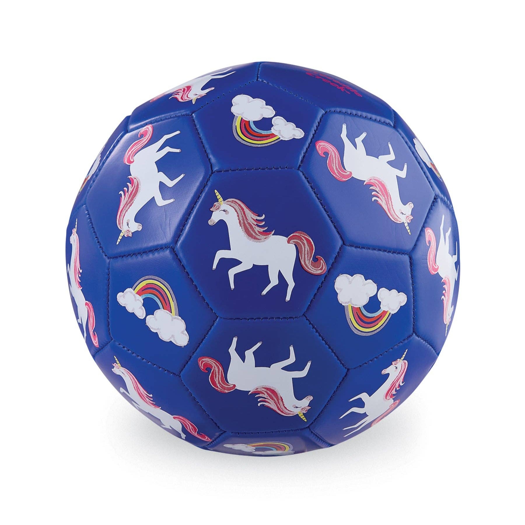 Blue soccer ball with unicorn and rainbow patterns on a white background