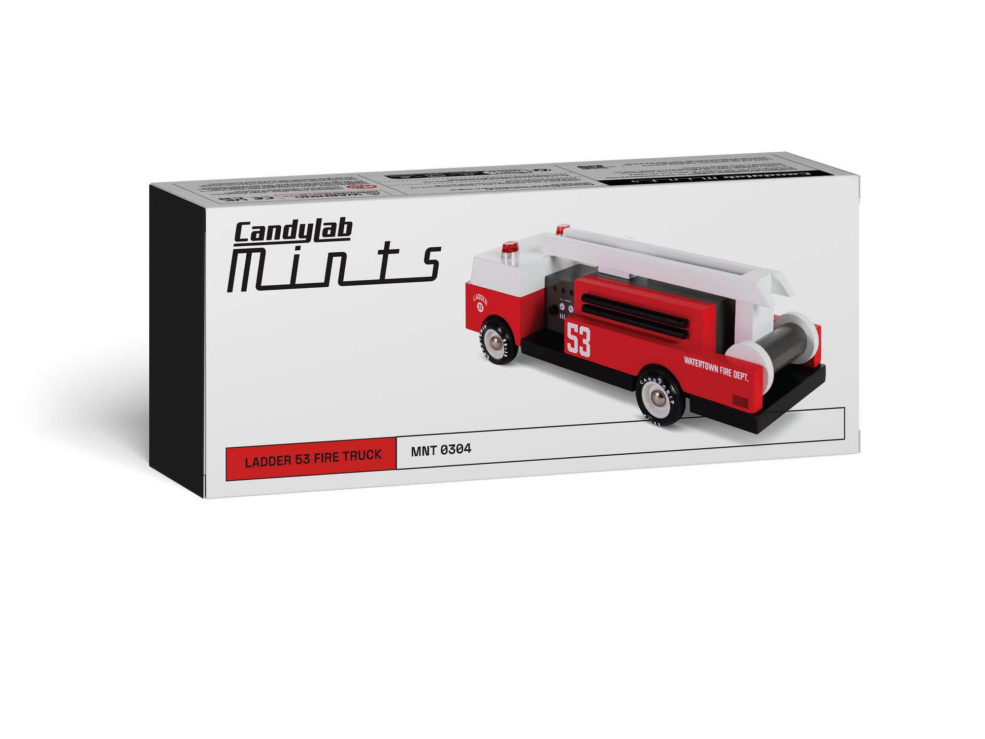 Model fire truck in a Candyland Mints packaging on a white background