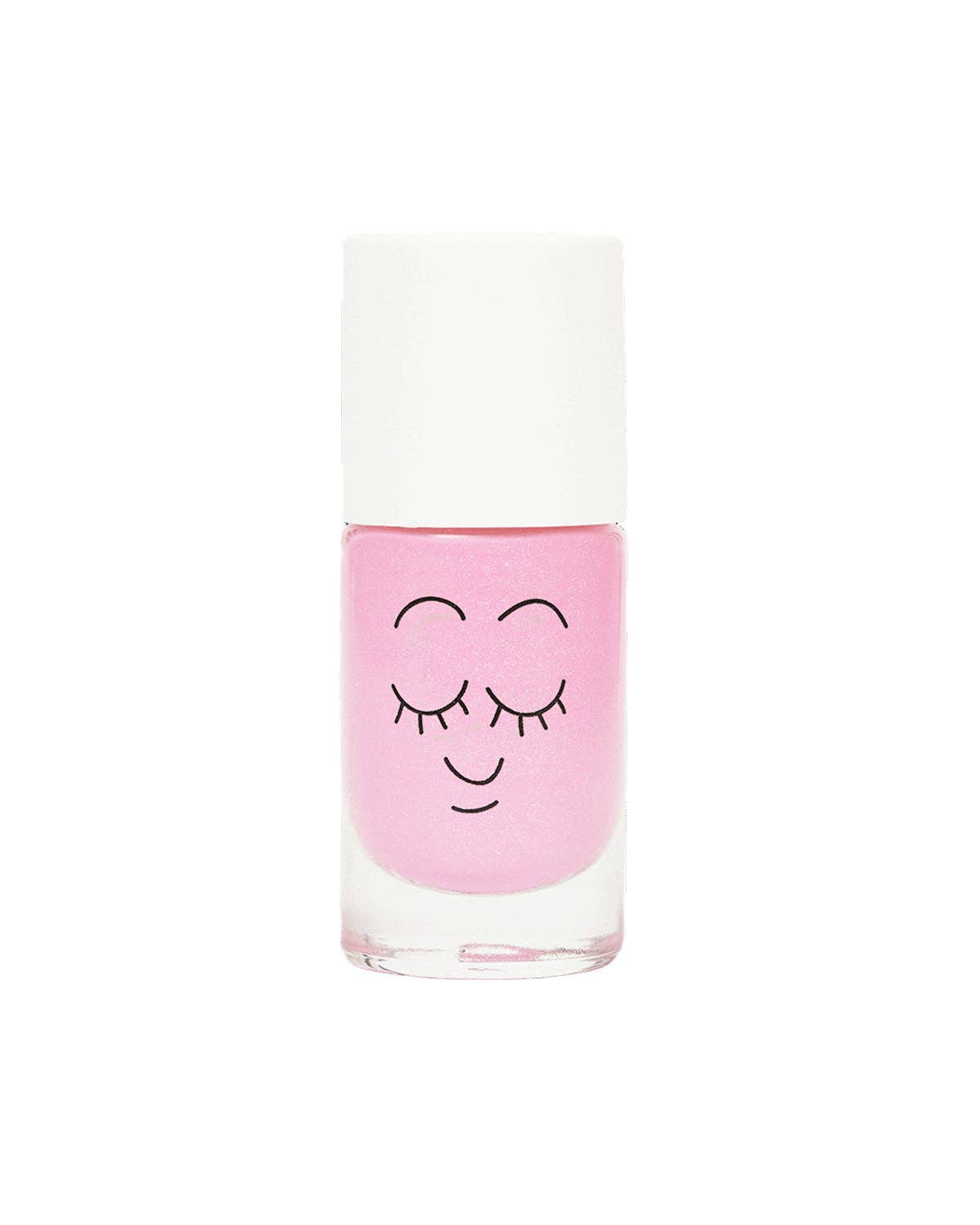 Pink nail polish bottle with a smiley face design on a white background