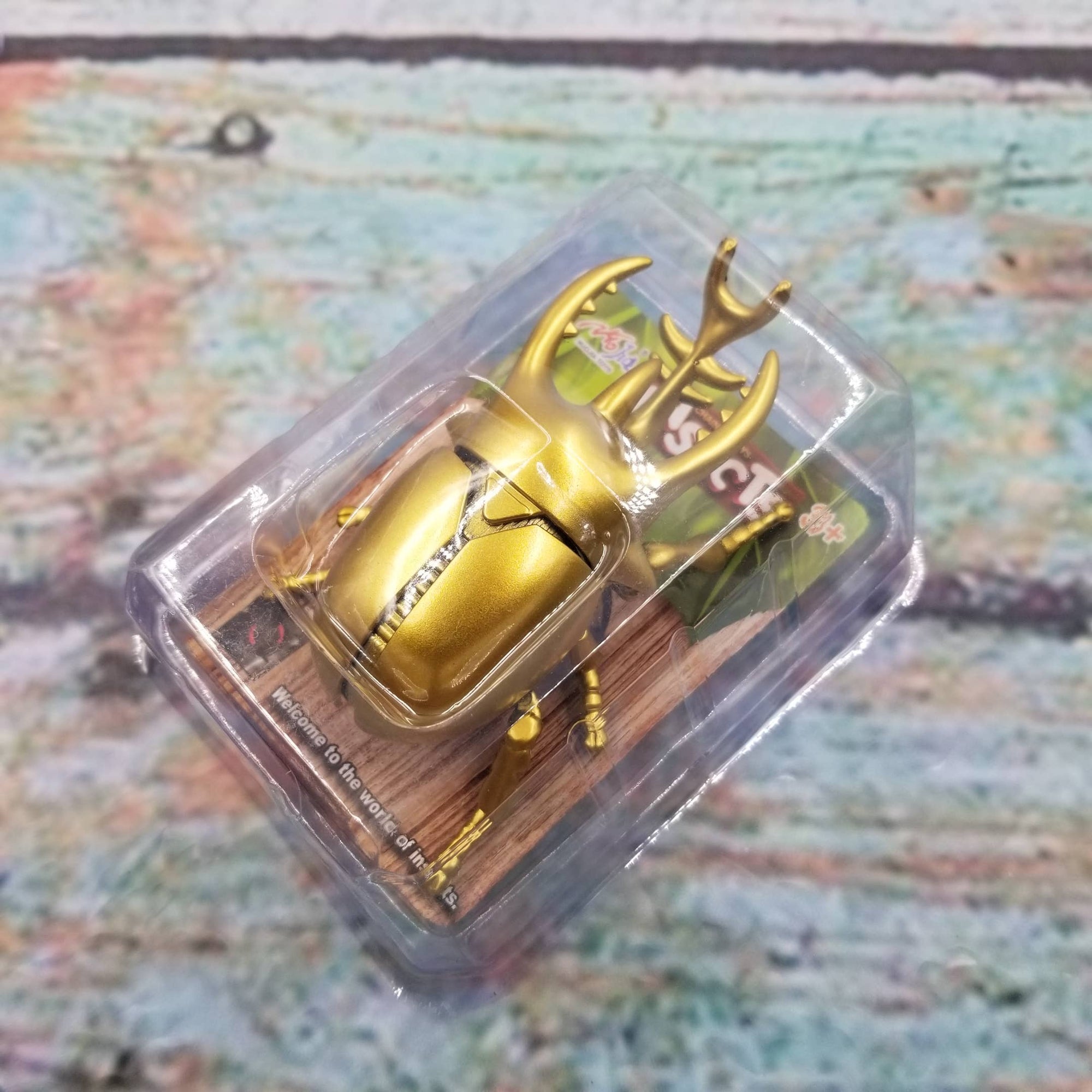 Gold beetle figurine in clear packaging on a textured surface