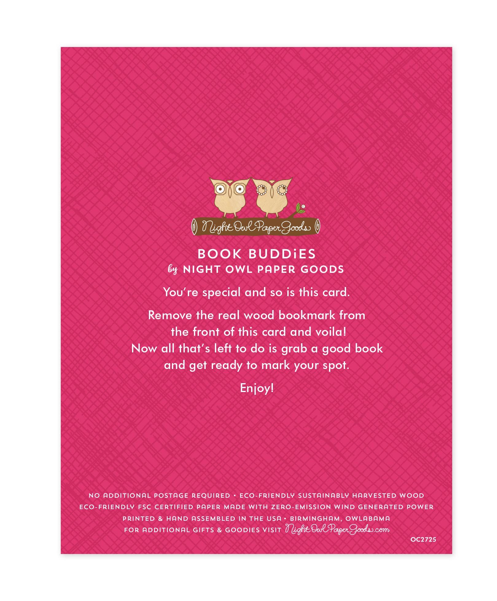 Pink card with owl design and text from Night Owl Paper Goods on a white background