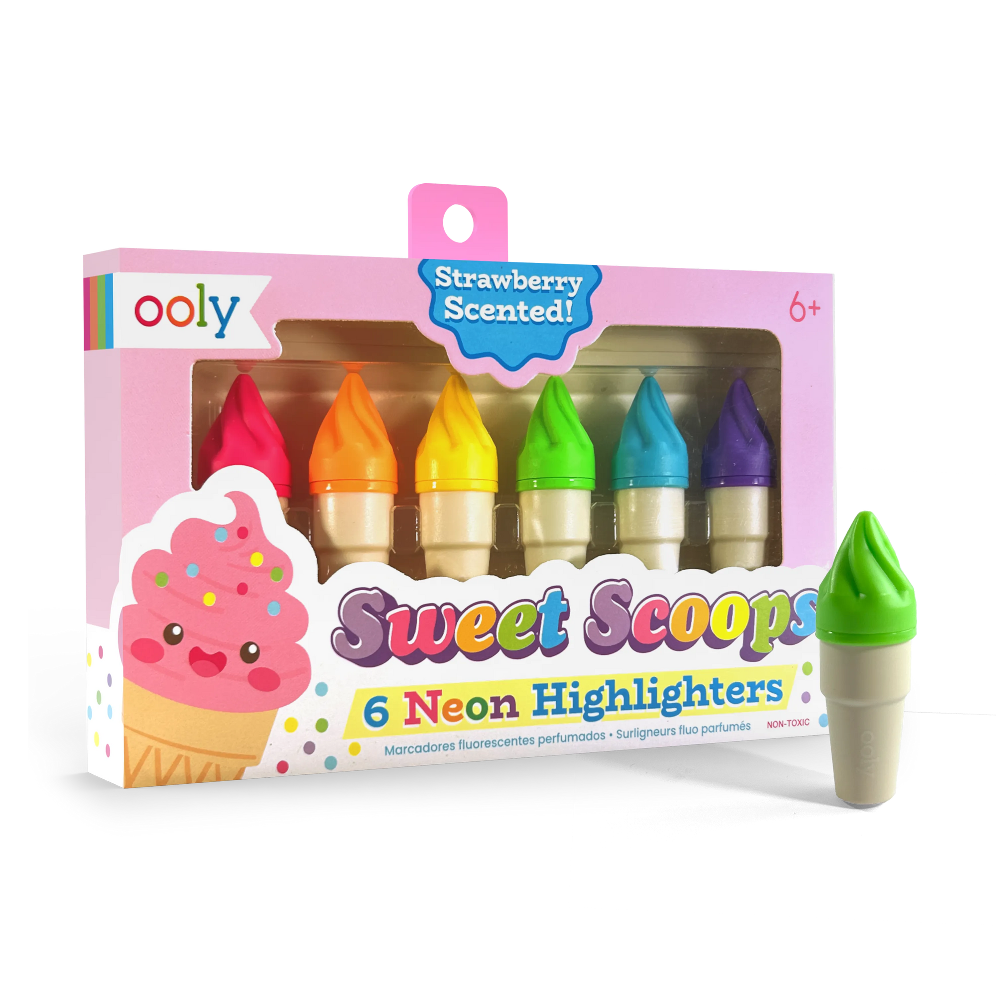Packaging of Ooly Sweet Scoops neon highlighters with a strawberry-scented tag.