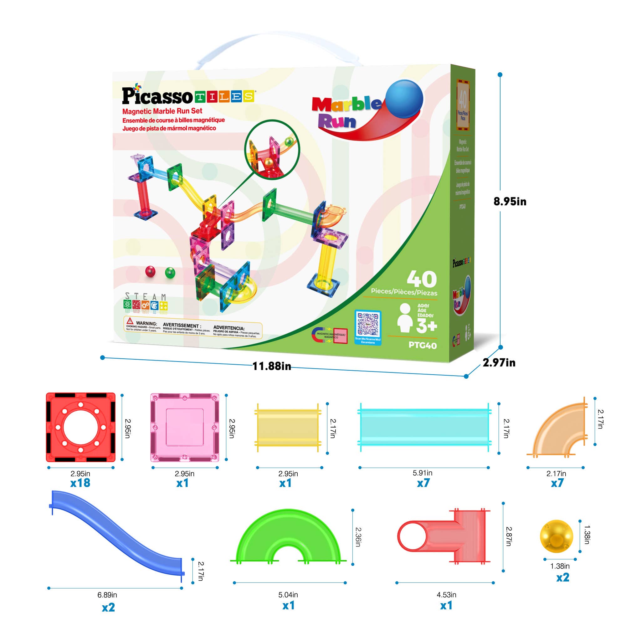 Marble Run toy set packaging with dimensions and components on a white background