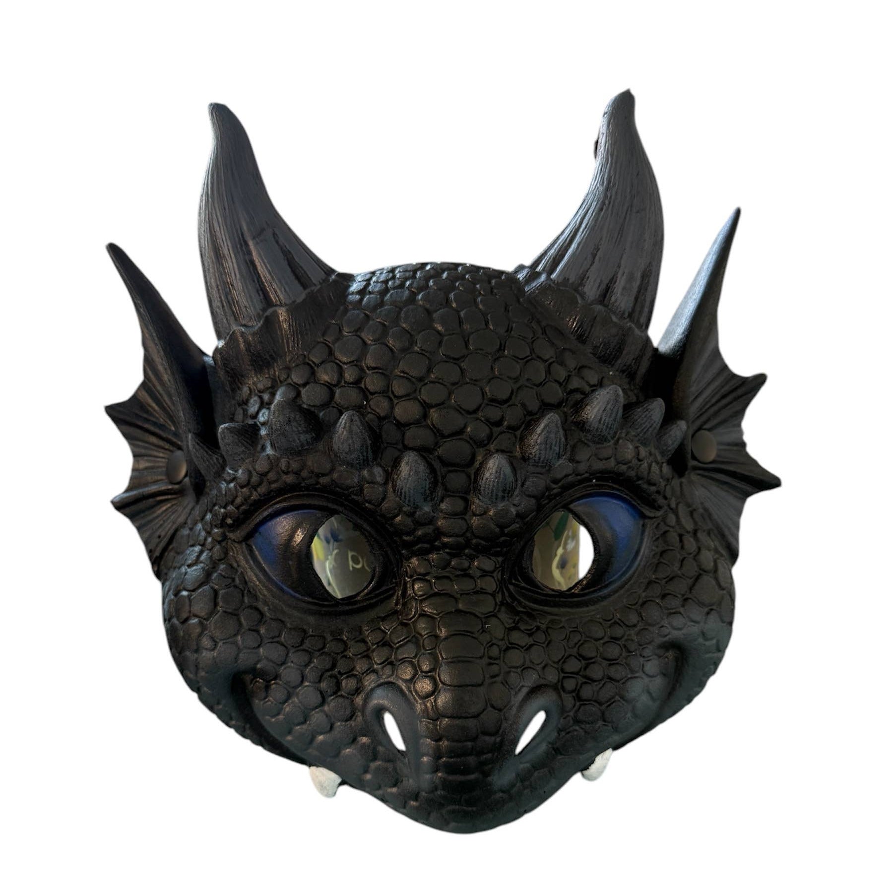 Black dragon mask with detailed scales and horns on a white background