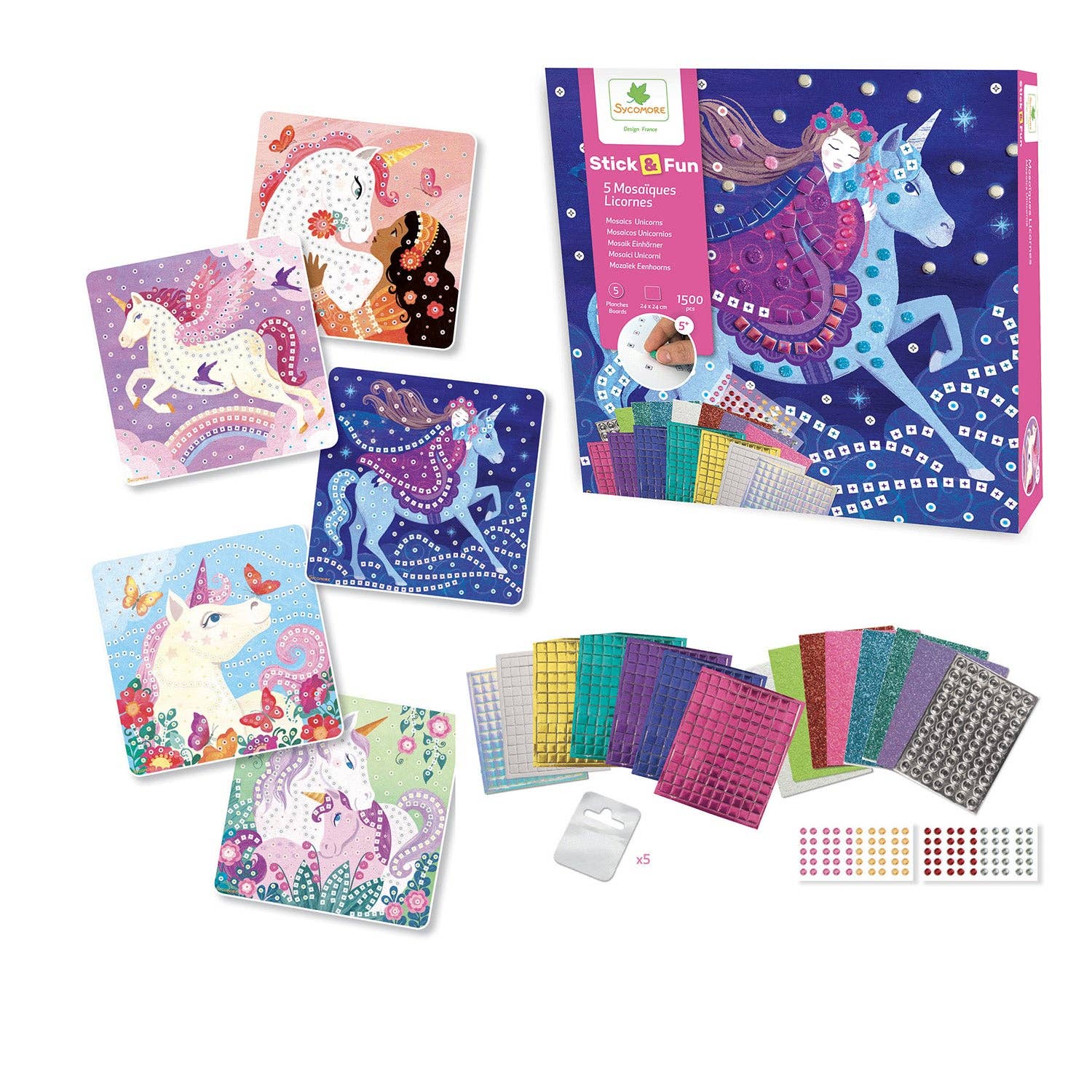Unicorn-themed sticker book and sheets on a white background