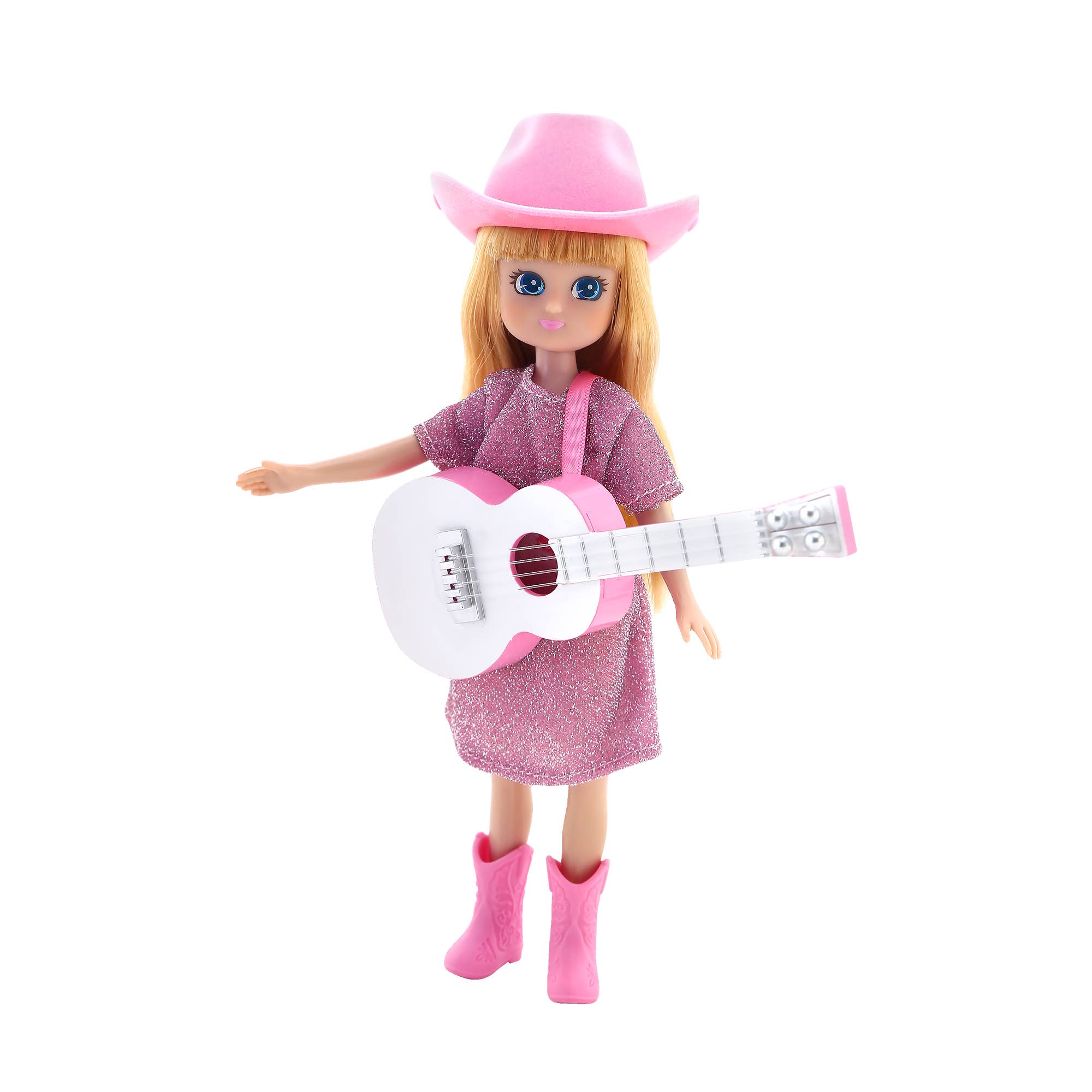 Doll with pink cowboy hat, dress, boots, and guitar on a white background