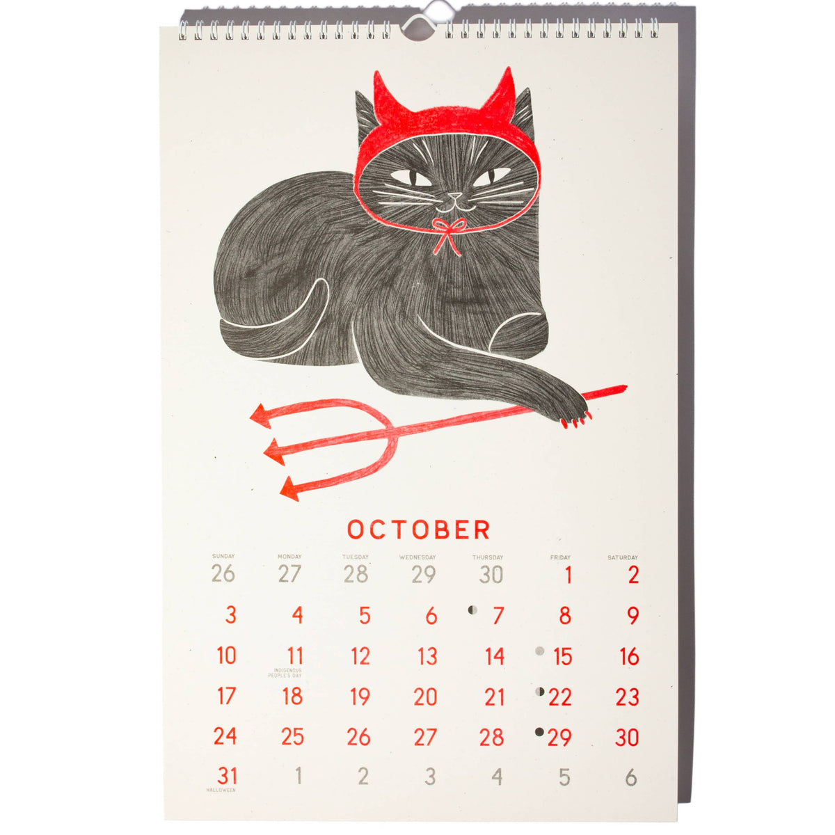 An October wall calendar page featuring a black cat illustration with a red devil hat and bow, holding a red pitchfork, above a red October calendar grid on a white background.